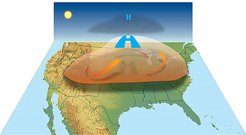 A graphic that shows a heat dome cycling above United States