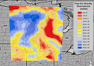 Map of variations in Earth's gravity as measured by the GRAV-D airborne instruments over Lake Michigan and surrounding states.