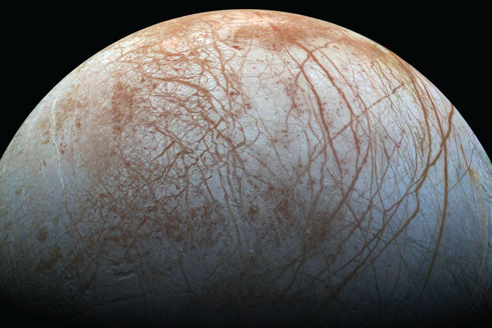 One of Jupiter's fifty known moons, Europa has an icy surface and is thought to have subsurface liquid water. Europa