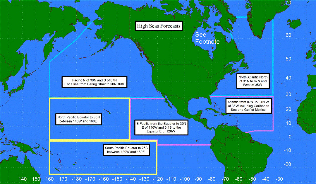 The National Weather Service provides High Seas text and graphic forecasts for large areas of the Atlantic and Pacific oceans, U.S. coastal areas, and the Great Lakes. map of high seas forecast areas