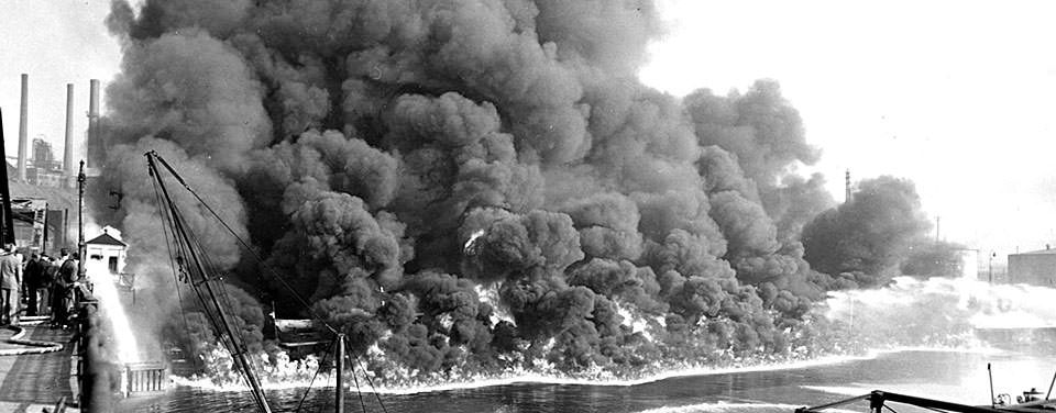Cuyahoga River Fire Nov. 3, 1952. Courtesy of Cleveland Press Collection at Cleveland State University Library Cuyahoga River Fire Nov. 3, 1952. Courtesy of Cleveland Press Collection at Cleveland State University Library